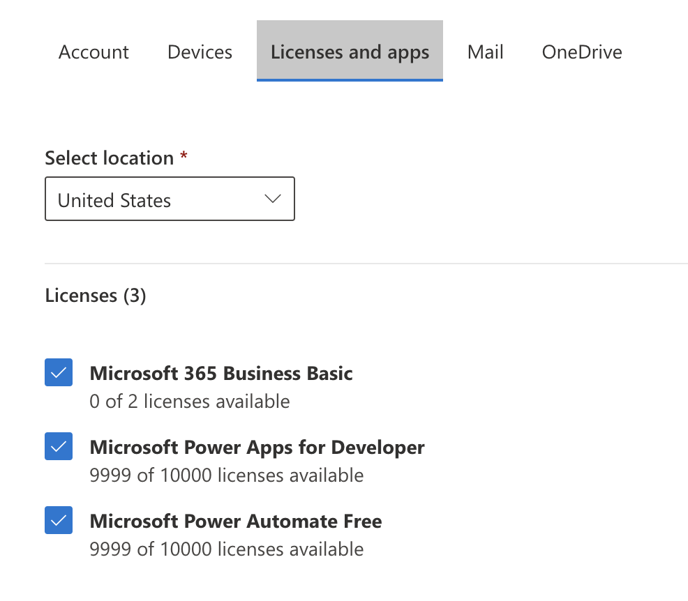 The Licenses and apps tab for a user in the Microsoft 365 admin center, showing license checkboxes