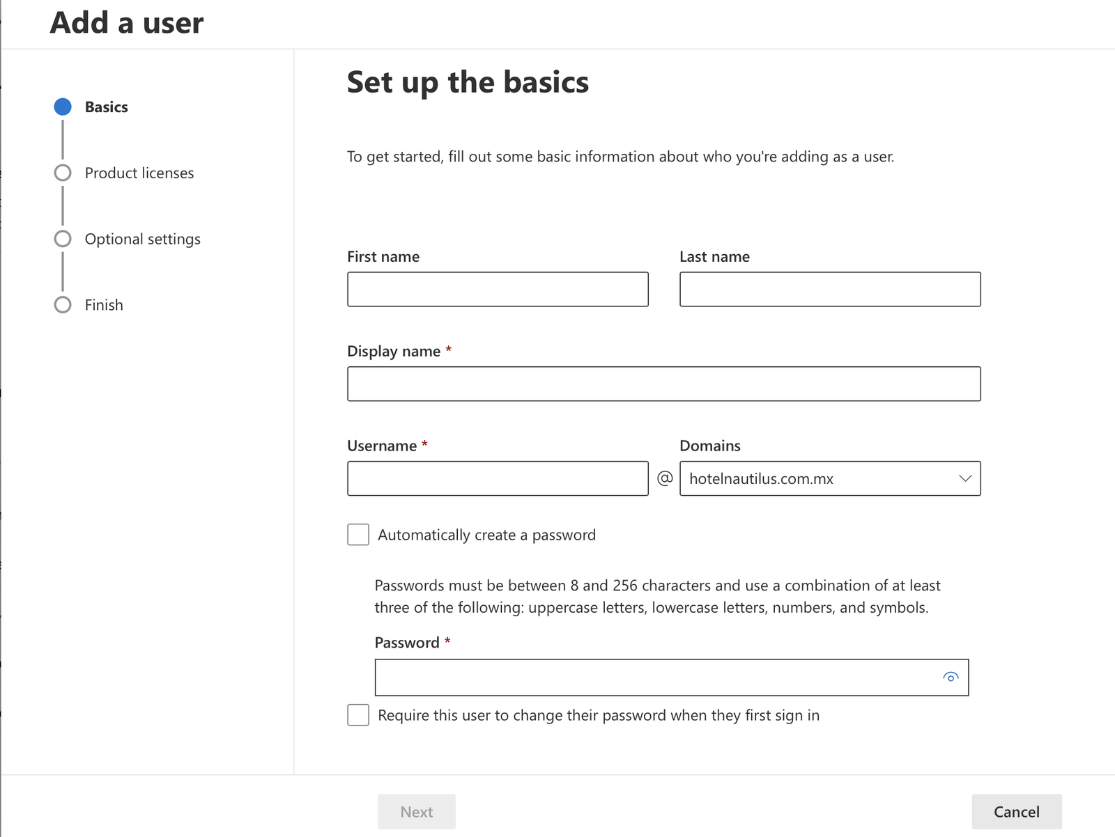 The Add a user wizard in the admin center showing the Set up the basics step