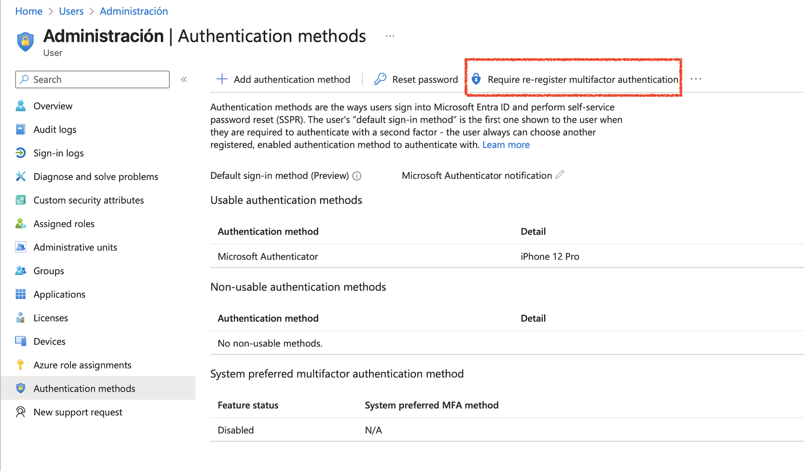 The Authentication methods area for a user in the Microsoft Entra admin center