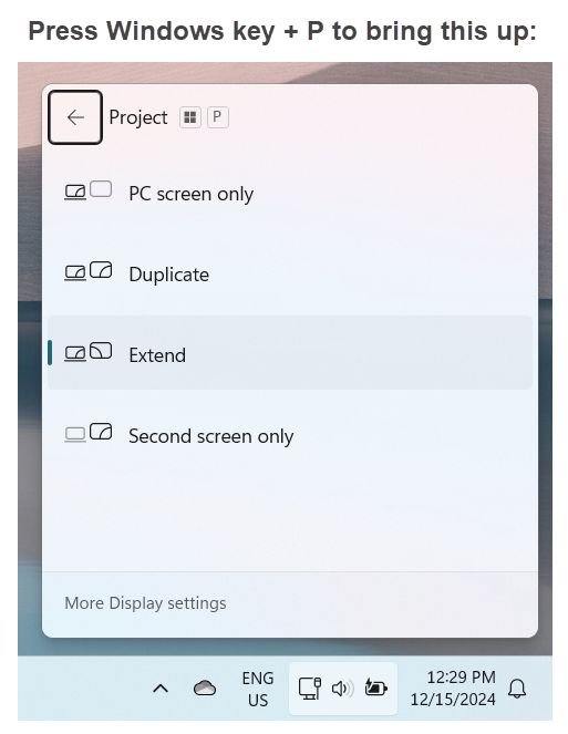 The Windows Project panel showing PC screen only, Duplicate, Extend, and Second screen only options