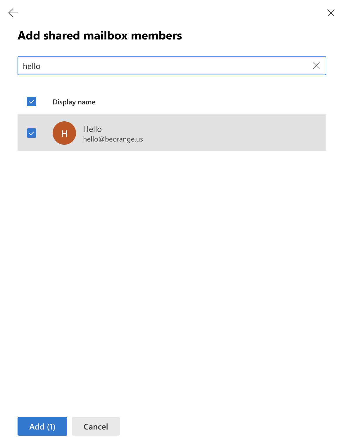 The Add shared mailbox members panel with a search box, a checked member result, and an Add button