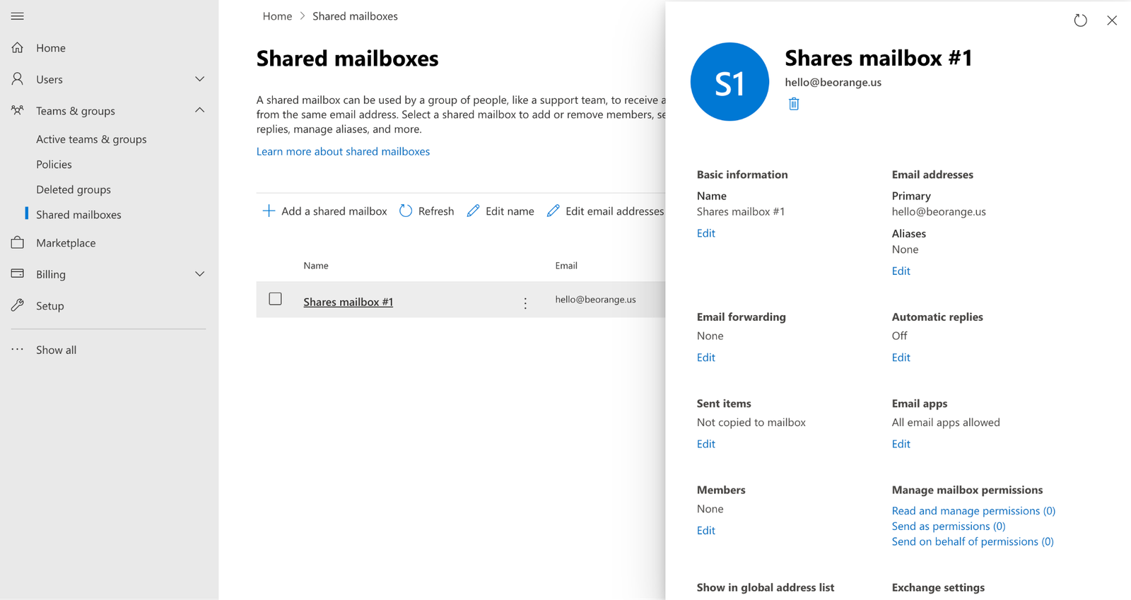 The shared mailbox detail pane in the admin center showing Basic information, Email addresses, Members, and Manage mailbox permissions links