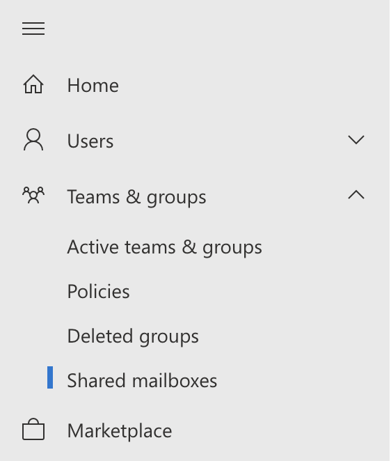The Microsoft 365 admin center left menu, with Teams and groups expanded and Shared mailboxes highlighted